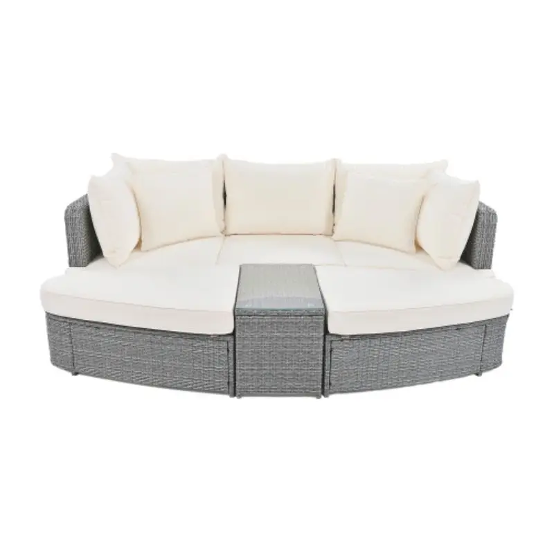 Outdoor patio conversation round sofa set with hand-woven PE wicker, UV resistant, suitable for all day use, with coffee table