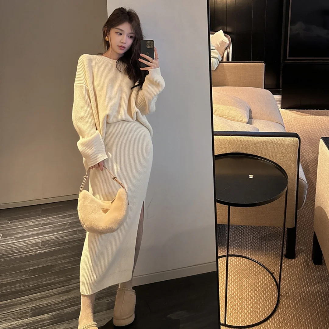 

Шикарный осенне-зимний винтажный простой свободный вязаный свитер с длинными рукавами, комплект из 2 предметов, женская юбка прямого кроя с высокой талией, модный комплект