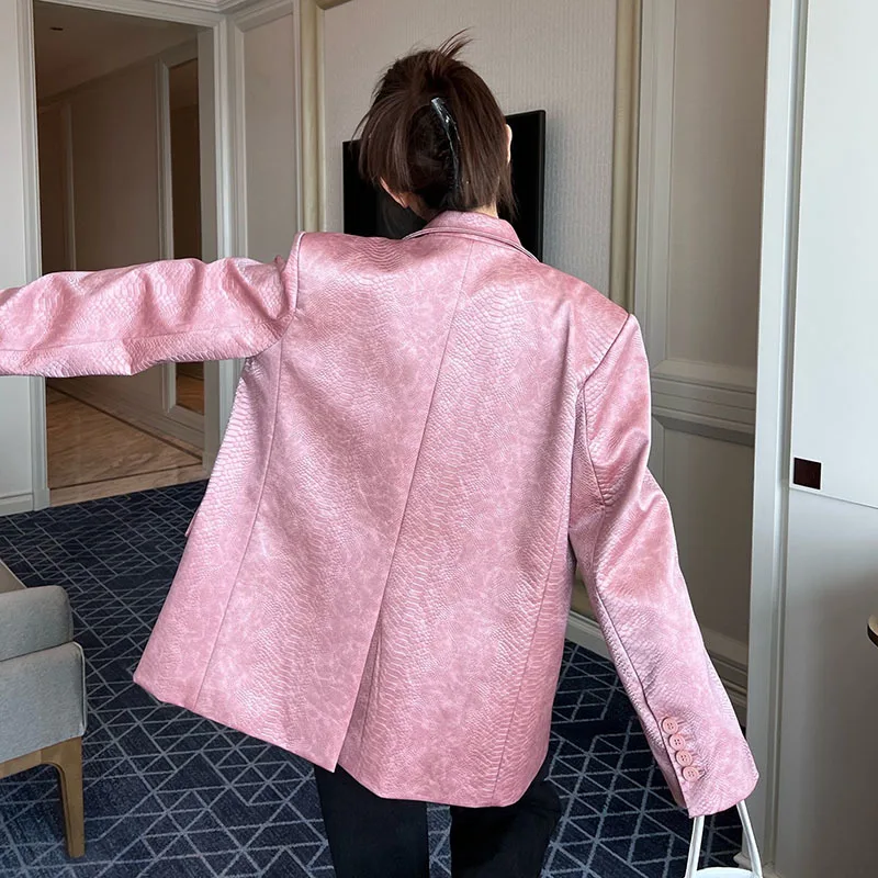 Korean Pink Crocodile-print Faux Pu Leather Suit Jacket Women Spring Casual Notched Collar Long Sleeve Ladies Blazers Outerwear