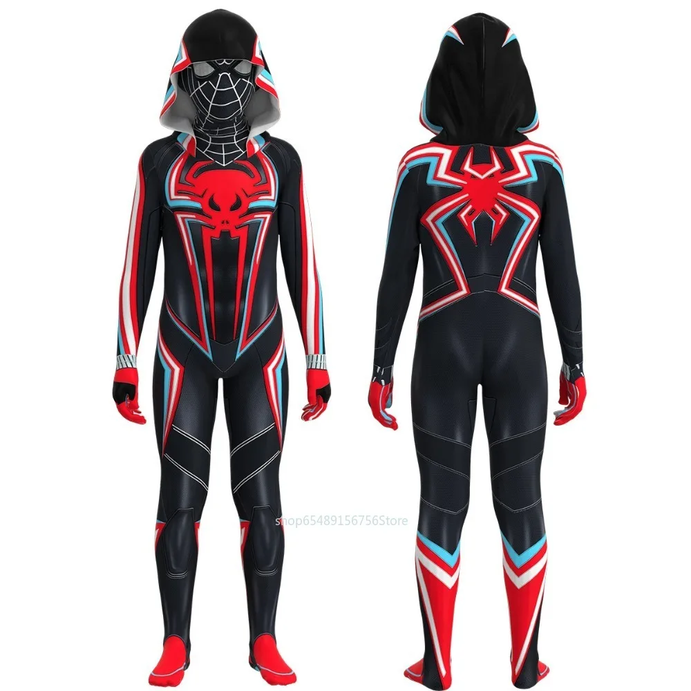 Spiderman 2099 Miles Morales Cosplay Costume or Kids Adult Black Spider Man Bodysuit with Hat Superhero Children Jumpsuit