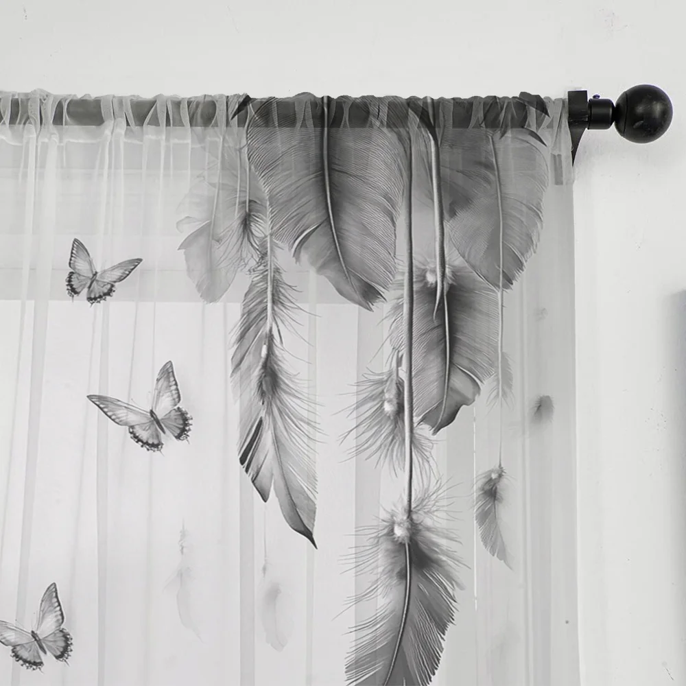 2PCS Digital Print Sheer Curtain, Feather Butterflies Lightly Dancing Pattern, Ethereal Elegant Fairy Tale Dreamy Style Decor - view 3