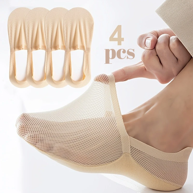 4pcs Women's Low-cut Invisible Boat Socks - Anti-slip and Anti-falling Heel, Breathable Mesh in Apricot Color White Black, Suita
