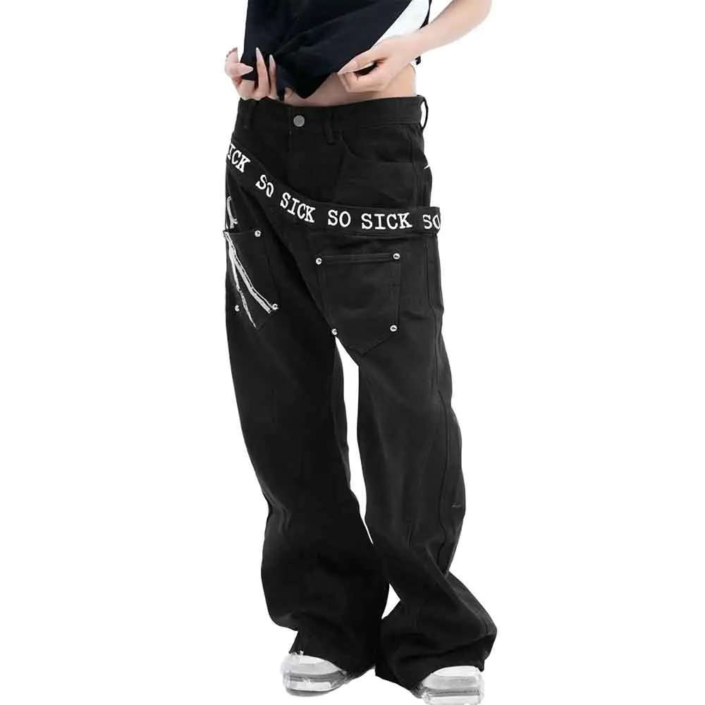 Y2k Patchwork Denim Jeans Letter Print Casual Pants Genderless Streetwear Fashion Daily Versatile Straight-Leg Unisex 2025 New