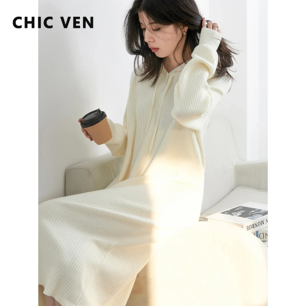 

CHIC VEN New Women Long Dresses Solid Loose Casual Hooded Drawstring Basic Girl Knitted Dress Autumn Winter 2026 Ladies Clothes