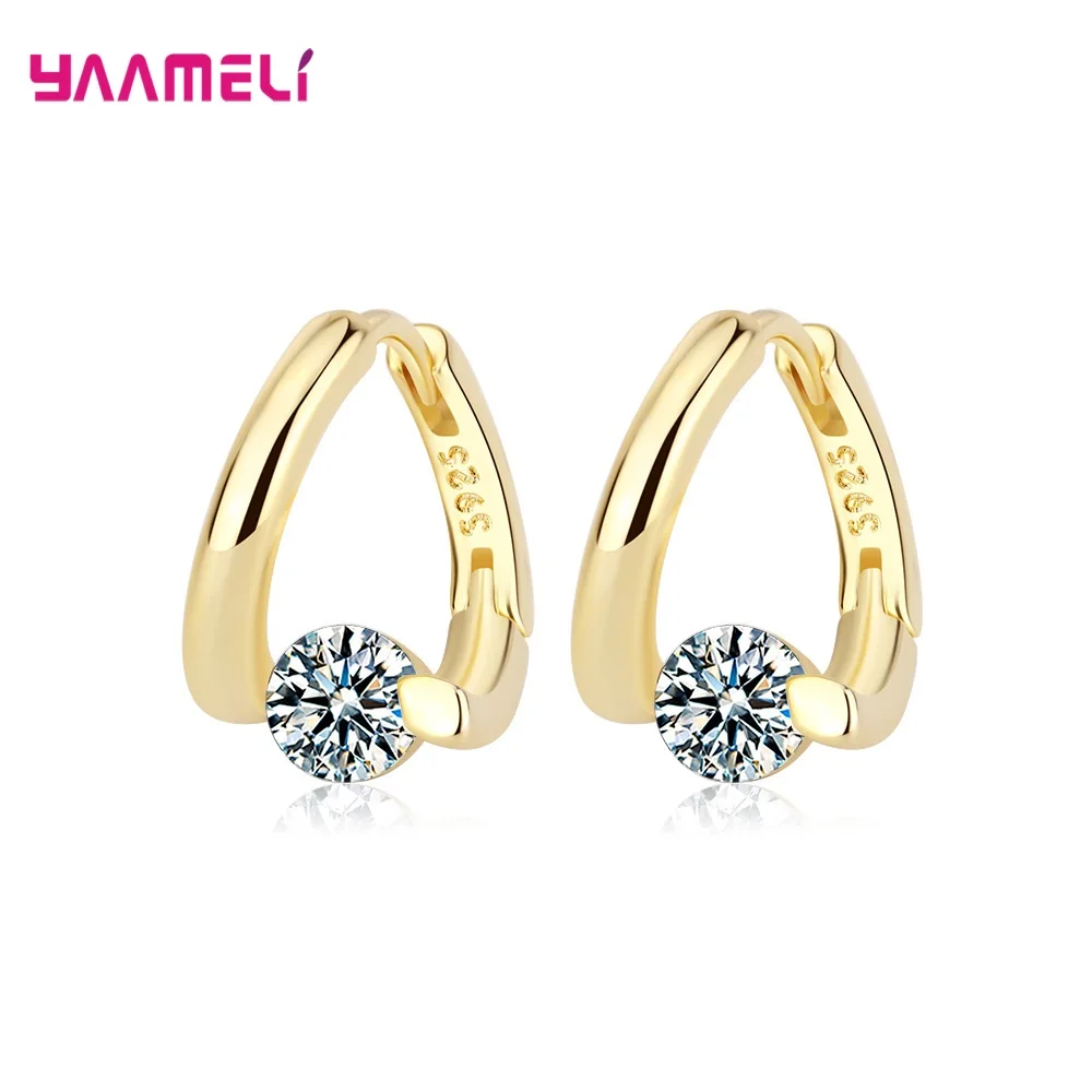 Real 925 Sterling Silver Gold Crystal Hoop Earrings For Women Girls Wedding Engagement Fashion Jewelry