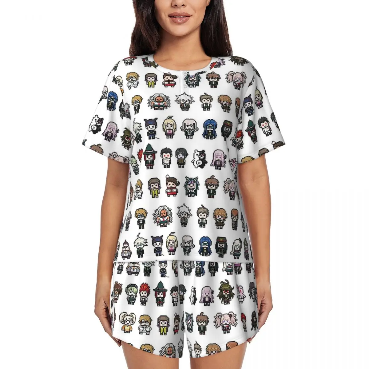 

DanganRonpa Sprites Round Neck Short Sleeves Nightdress for Sleeping Sleepshirts Women Loose Pajama Set Short Pants