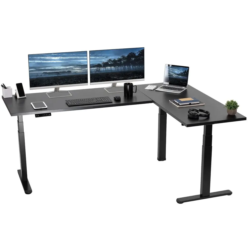

Electric 78 x 55 inch Square Corner Memory L Shaped Stand Up Desk, Black Table Top, Black Frame, Corner Height Adjustable Works