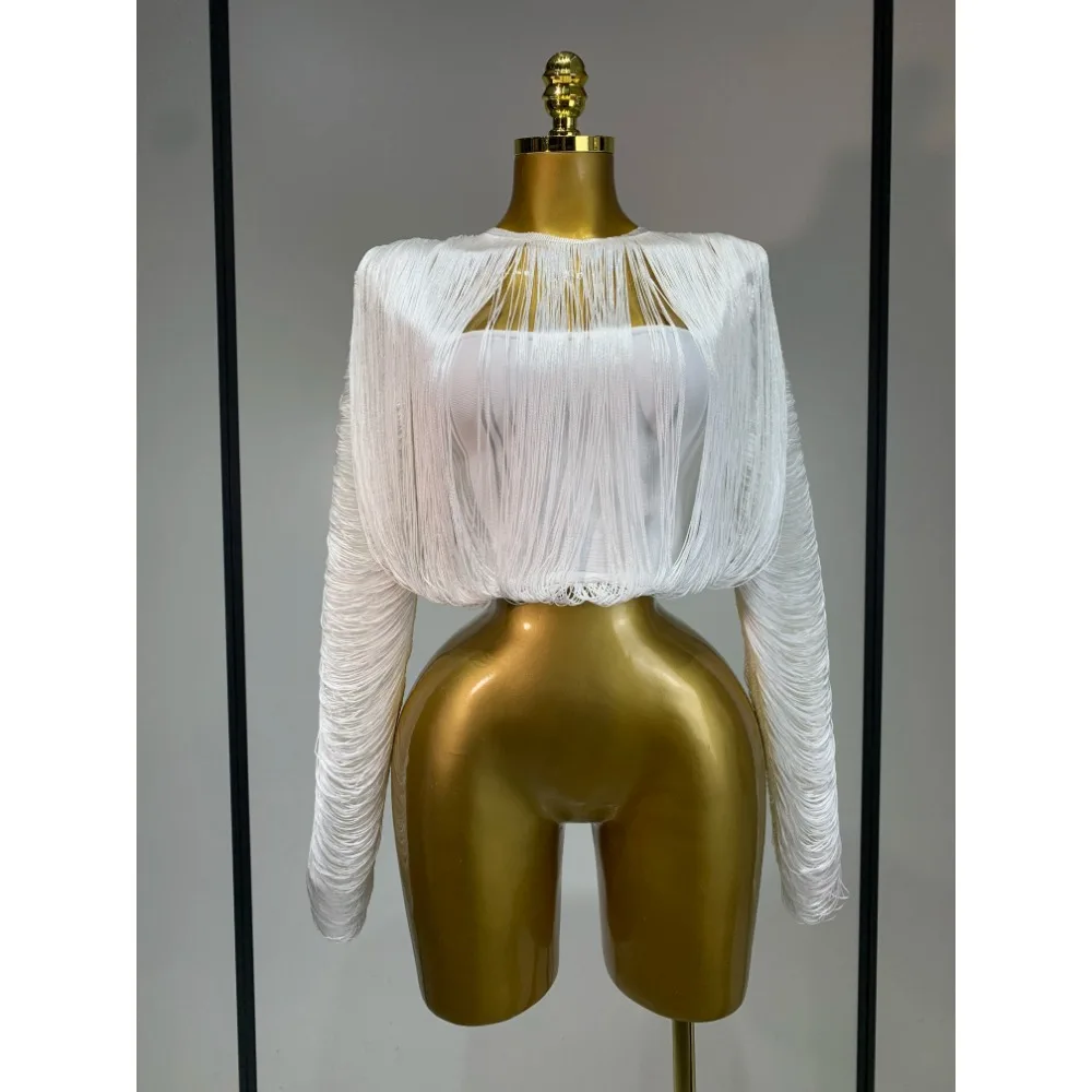Women Sexy Long Sleeved White Elegant Bandage Tassel Top High Waist Mini Skirt Elegant Evening Party Cocktail Prom Dress