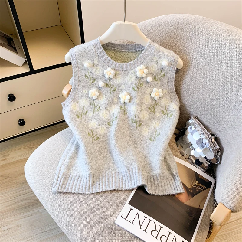 MEXZT Vintage Floral Sweater Vest Women Harajuku Print Knitted Pullovers Waistcoat O Neck Knitwears Winter Sleeveless Jumpers