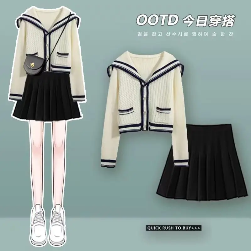 Autumn and Winter Women's Set 2023 Korean Edition College Style Knitted Cardigan Coat+High Waist Wide Leg Pants Two Piece Set