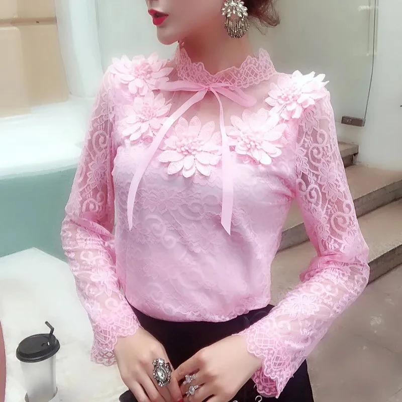 Spring Summer Long Sleeve Tie Bow Mesh Shirt Women Sweet Floral Lace Blouse Female Casual Slim Bottom Blouses Blusas Short Tops