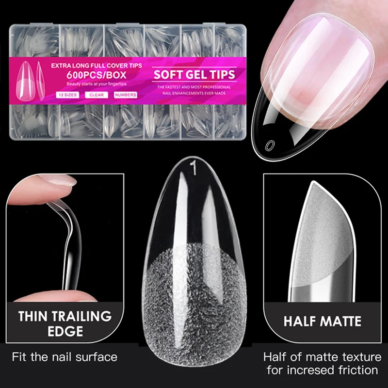 Full Cover Press on Fake Nail Tips Pre-shape Almond Soft Gel Acrylic Nail Tip for Nail Extension Home DIY Nail Salon 12 Sizes