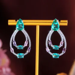 CWWZircons Gorgeous Double Circle Drop Light Blue Cubic Zirconia Crystal Dangle Earrings Trendy Female Party Jewelry Gifts E0318