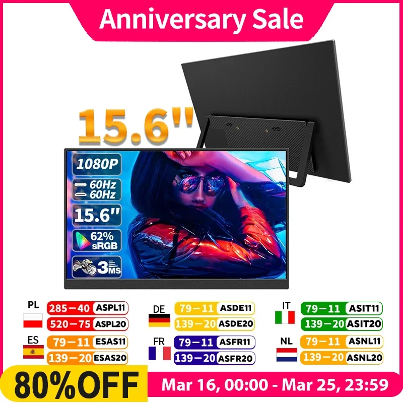 

15.6inch Portable Monitor FHD-IPS Panel Second Screen for Laptop Gaming Extended Display with Type C HDMI