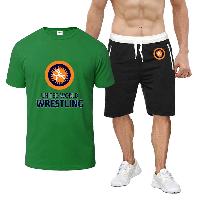 

United World Wrestling UWW 2025 летние новые мужские быстросохнущие комплекты для бега, дышащая футболка, шорты, спортивные костюмы на открытом воздухе