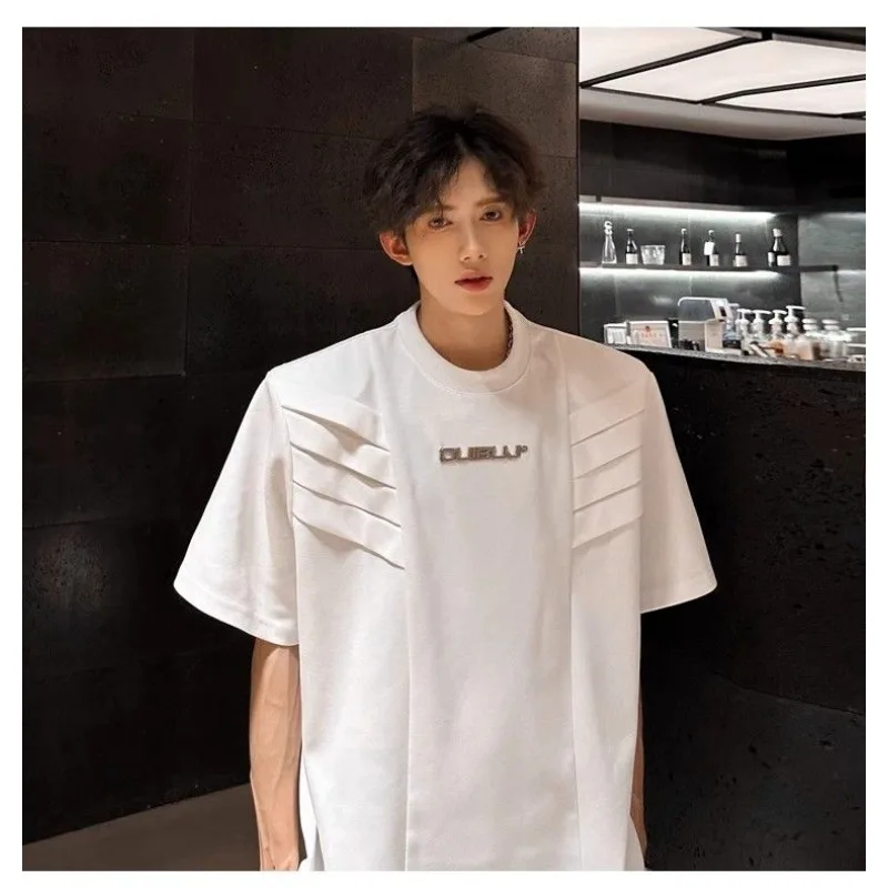 High Street Original Design Men's Multi-level Structure Shoulder Pads Short Sleeves Summer Half Sleeves Black T Shirts for Men