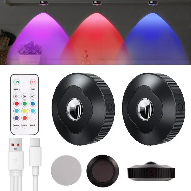 Rechargeable Puck Lights USB Charging Closet Mood Light 3X Colorful Nightlight Colorful With Remote Control For Cabinet Counter