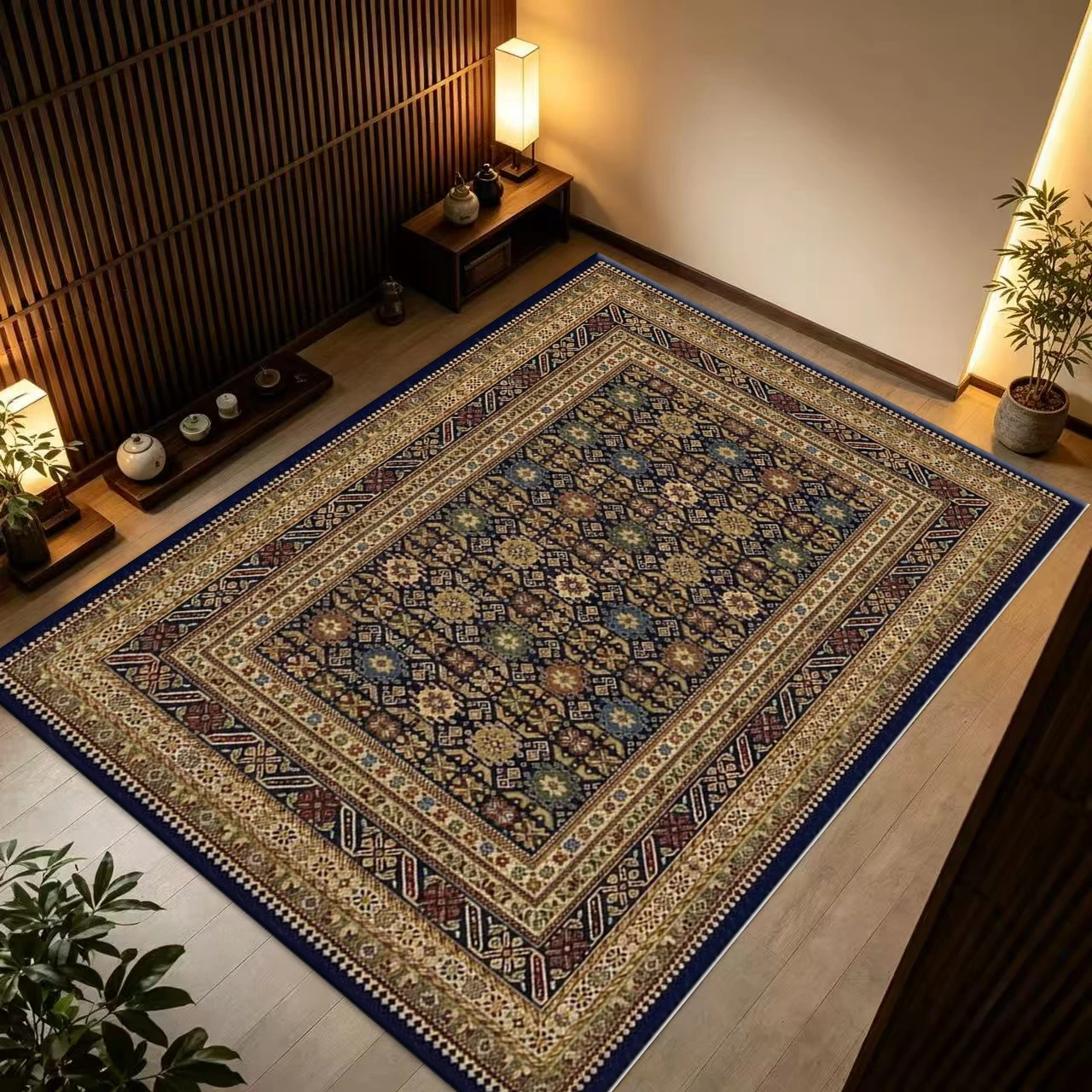 Dark Blue Traditional Oriental Square Rug Non‑Slip Vintage Floor Carpet for Living Room Bedroom Home Decor