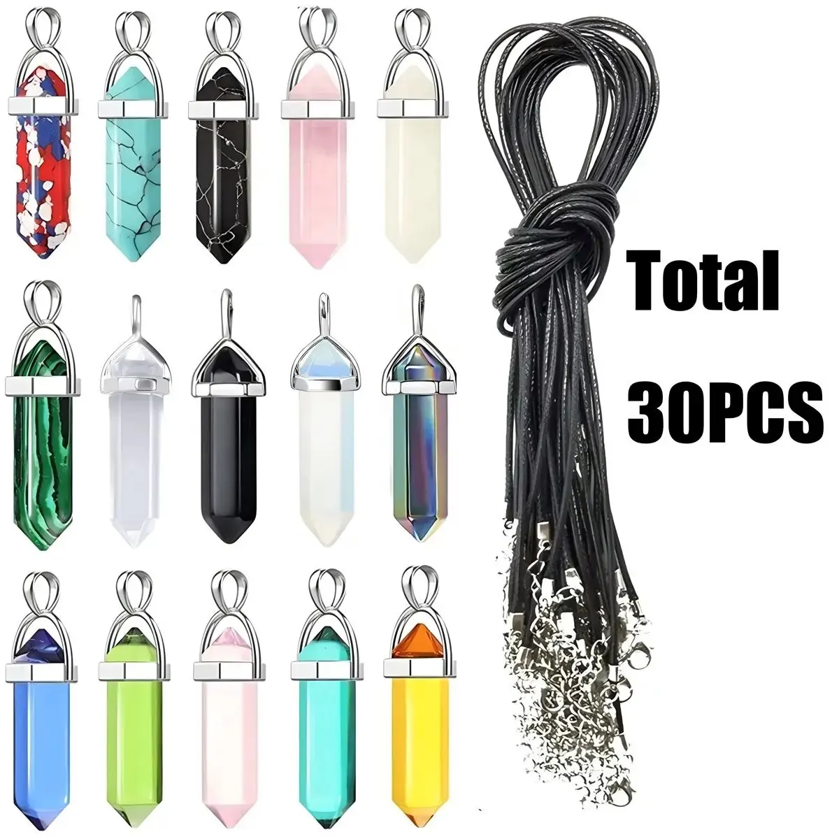 40PCS/30PCS Hexagonal Chakra Synthetic Crystal Pendant , Pointed Quartz Stone With Leather Necklace Chain Storage Bag