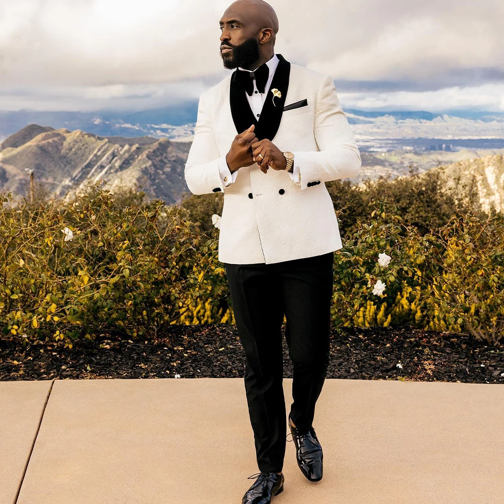 

Jacquard Men's Suits 2 Pieces Shawl Lapel Double Breasted White Wedding Groom Blazer Evening Prom Suit Jacket Pans Customized