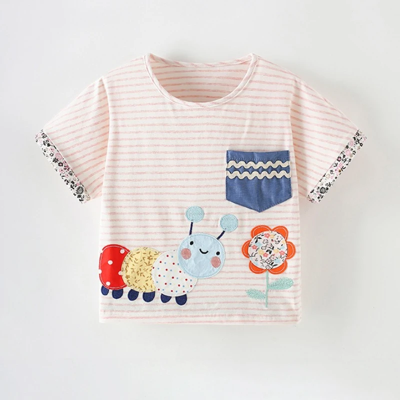 

Лето 2025 г., хлопковая дышащая футболка в полоску с милыми животными и цветочными нашивками для девочек, с короткими рукавами