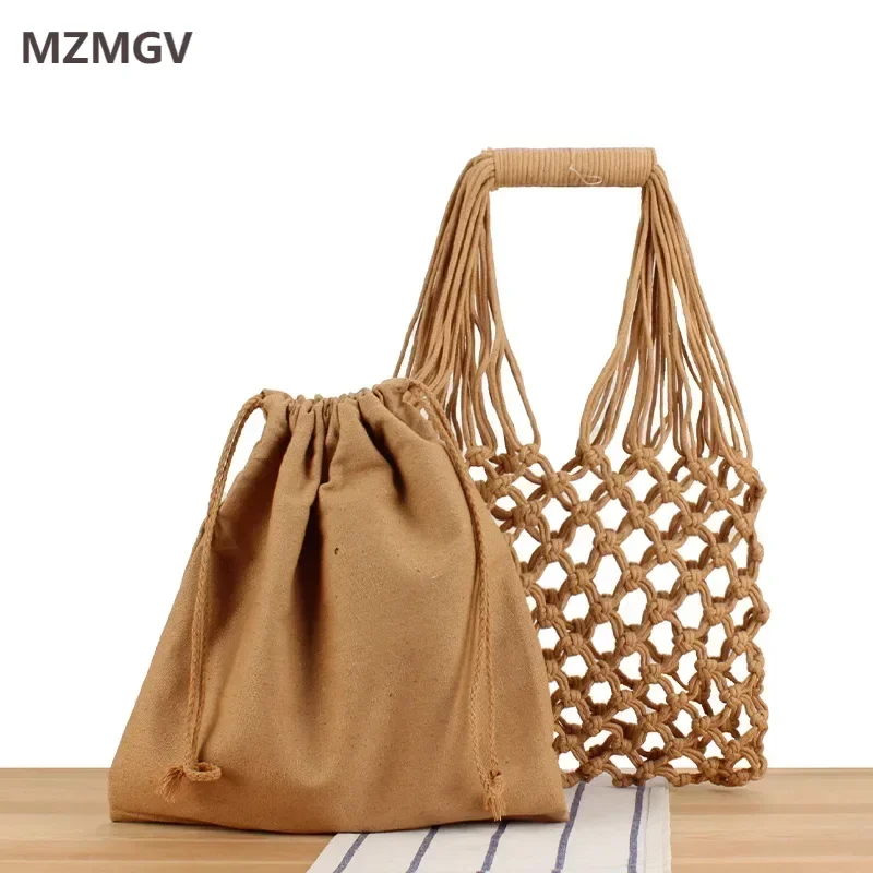 

Meet You Handmade Cotton Woven Knitted 2 Piece Mesh Bag 2024 New Hollow Out Cotton Rope Crochet Tote Bag Summer Beach Handbag