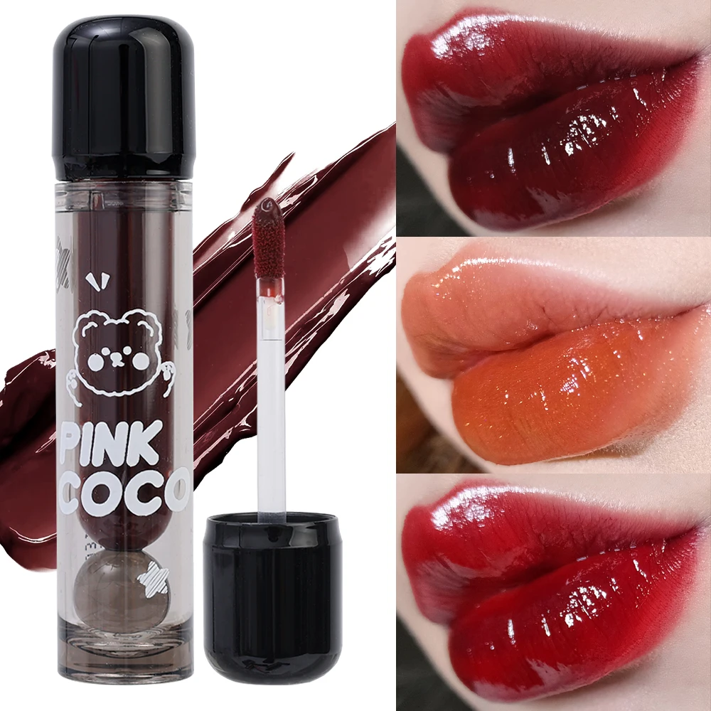 Cute Bear Red Lipgloss Black Mirror Glass Water Light Clear Lip Glaze Waterproof Non Stick Liquid Lipstick Nude Lips Tint Makeup