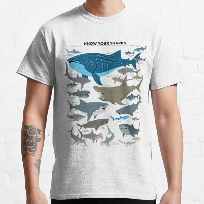 

Know Your Sharks Retro sea Shark ocean animal Short-sleeve crewneck T-shirt for men large size Adult Tops S-6xl