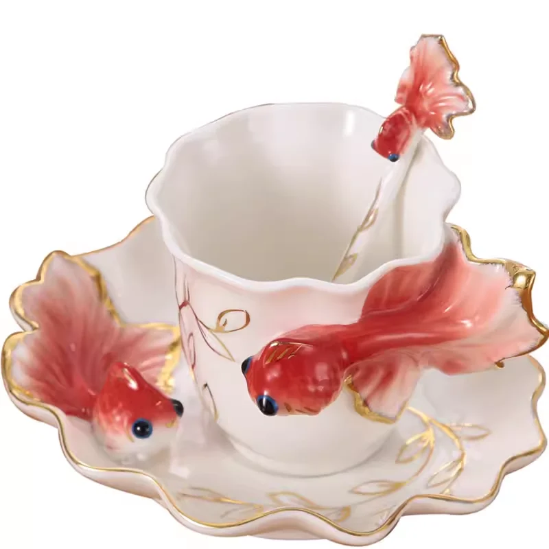 Chinese Elegant Enamel Colored Goldfish Porcelain Cup Saucer Spoon Set Wedding Gifts Home Water Cup Office Tea  Coffee