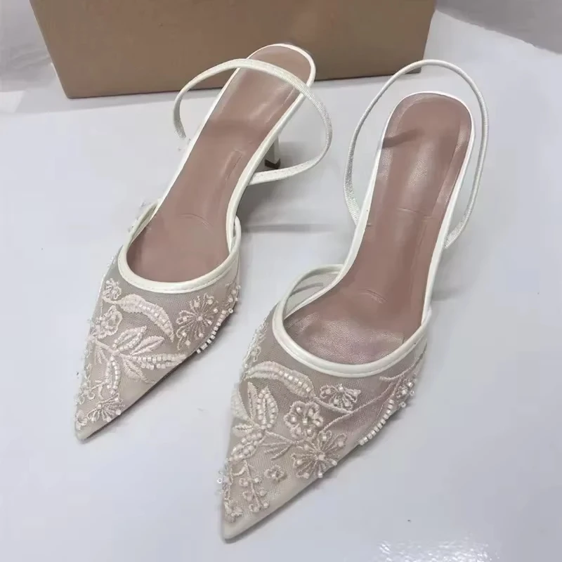 2025 New Black Woman Embroidered Mesh Open Heel Shoes Fashion Print Stiletto Women High-heel Pumps Sexy Pointed End Sandals image 5