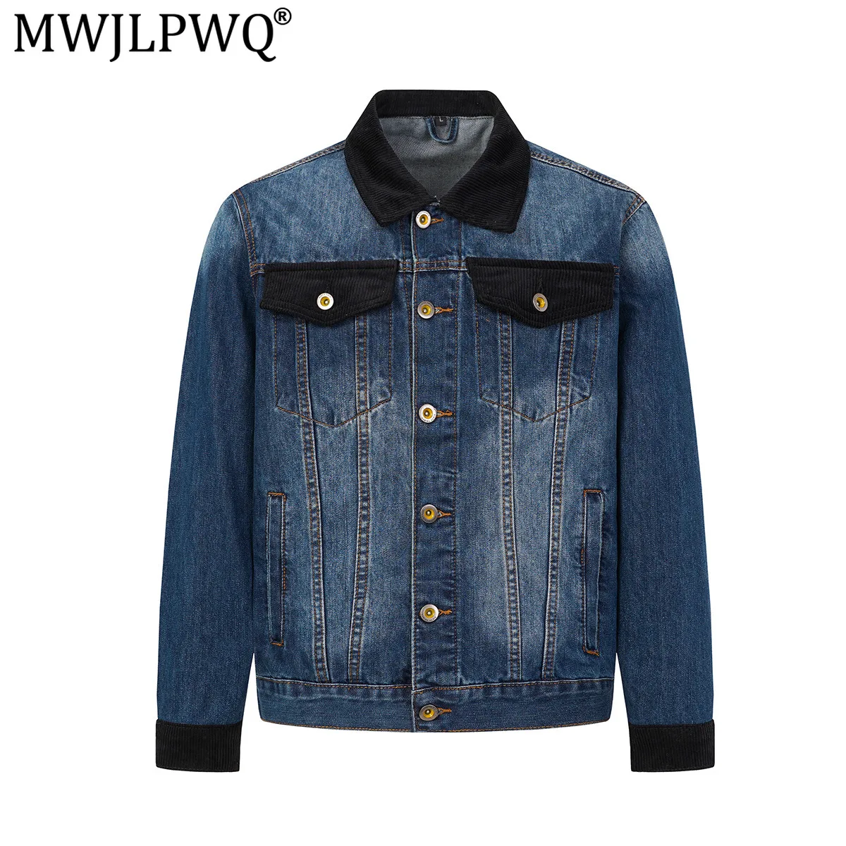 MWJLPWQ Male Contrast Color Design Washed Lapel Tops High Street Denim Jacket Spliced Niched Long Sleeve Tops 2026 Autumn 20707