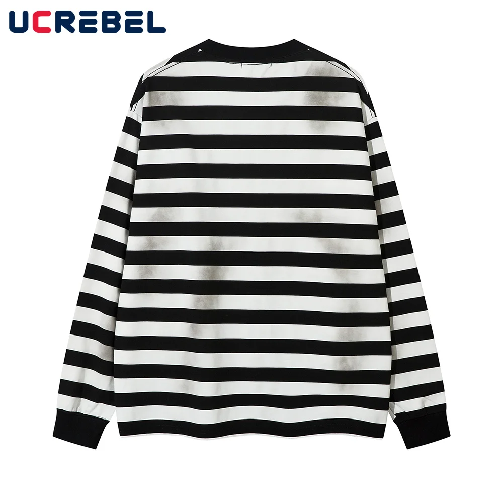 Letter Embroidery Striped T-shirt Mens Distressed Autumn High Street Long Sleeve Crew Neck Loose Cotton Tee Men