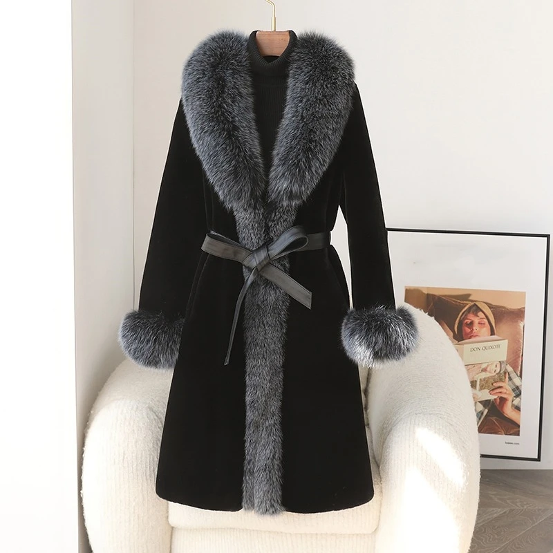 

PUDI 2024 Winter New Faux Mink Fur Jacket With Fox Fur Collar Warm Long Coat Parka CT408