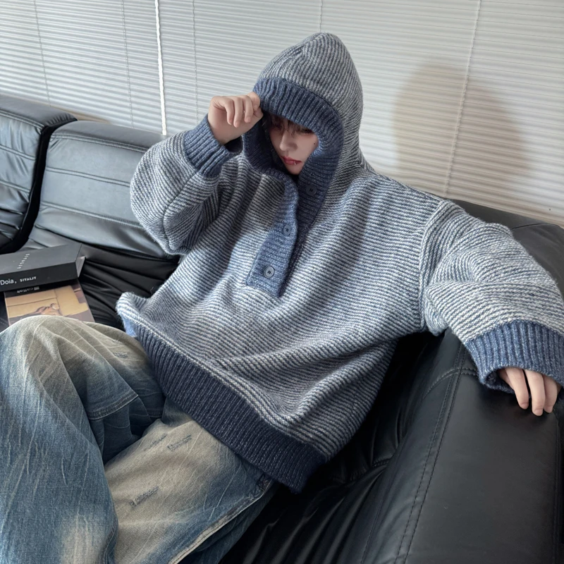 

Loose Fit Men's Knitted Hoodie Casual Stripe Pattern Color Blo Winter Outerwear Comfortable Breathable Cotton Polyester Blend