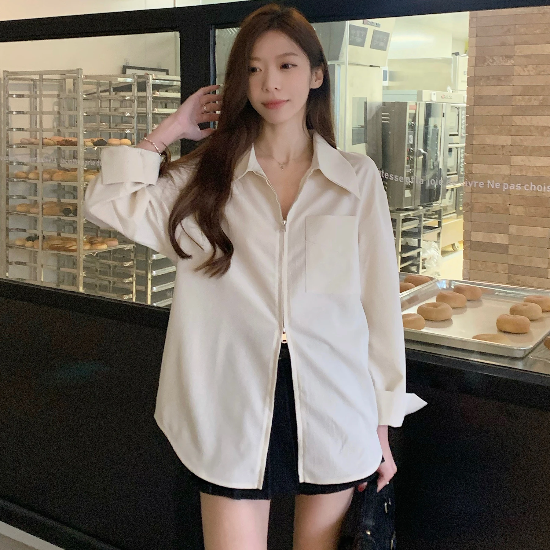 plus size New real shot big size women\'s shirt French zipper white long-sleeved shirt female coat design temperament shirt