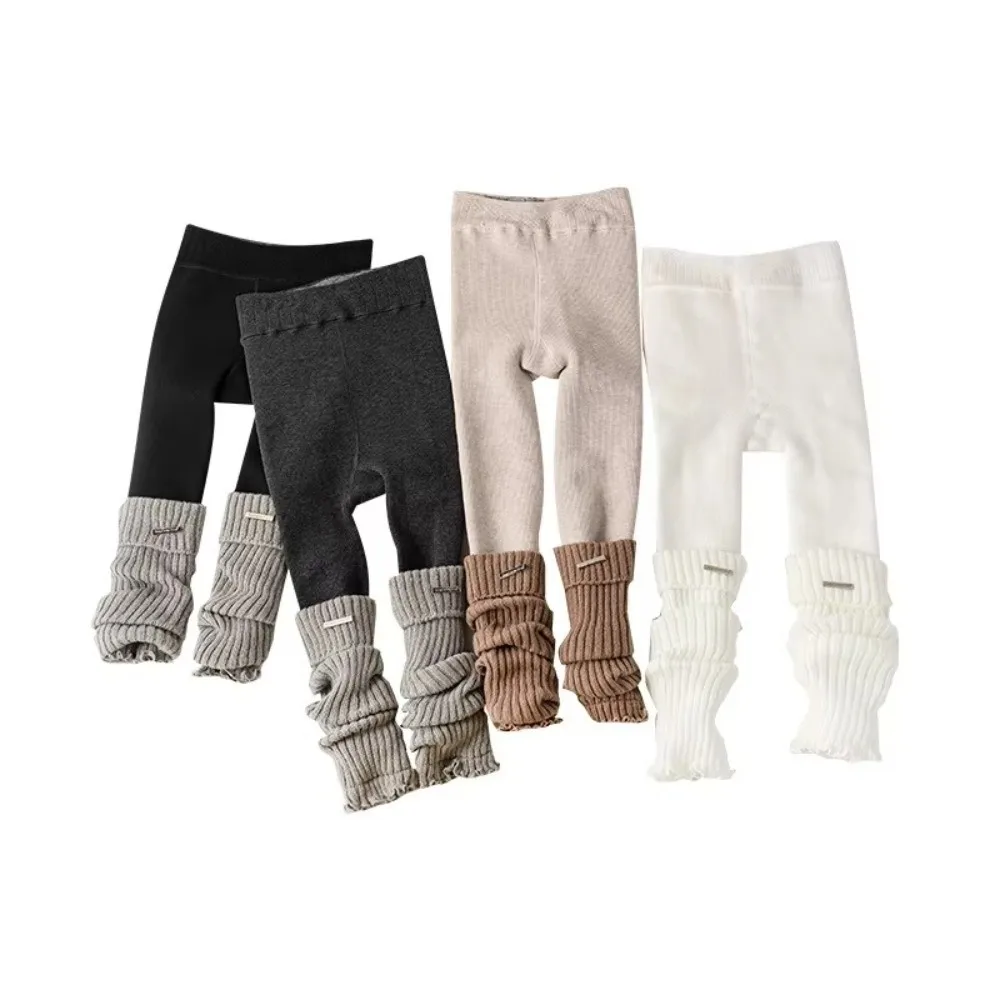 Autumn Winter Girls' Knitted Leggings Fashion Patchwork Thick Warm Pile Socks Pantyhose Mid-Calf Stackable Tights - view 2
