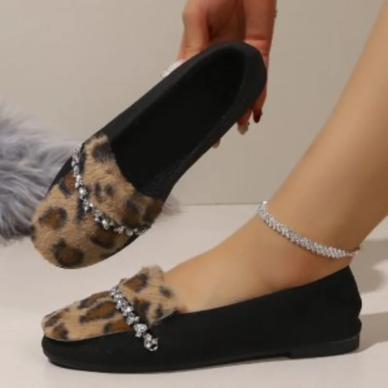 Fashion Leopard Print Splicing Women's Flats and Loafers 2026 New Rhinestone Comfort Soft Sole Casual Women Shoes Сабо Женские