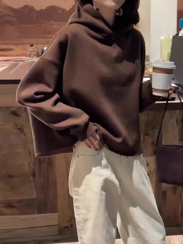 

Женская толстовка с капюшоном кофейного цвета, больших размеров, модная, свободного кроя, в европейском стиле, на весну