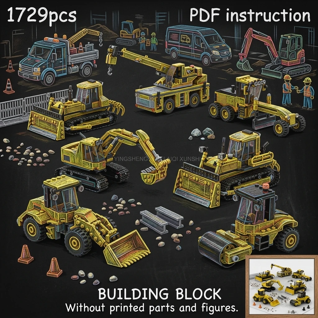 

City Construction Vehicle Fleet MOC Building Blocks Heavy Excavator Crane Bulldozer Diorama Display Adult Brick Set