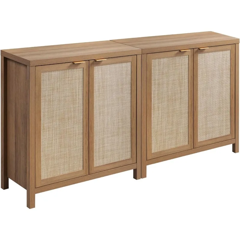 

Rattan Sideboard Buffet Credenza Cabinet - 2 Pieces Large Farmhouse Kitchen Coffee Bar Cabinet with Rattan Storage