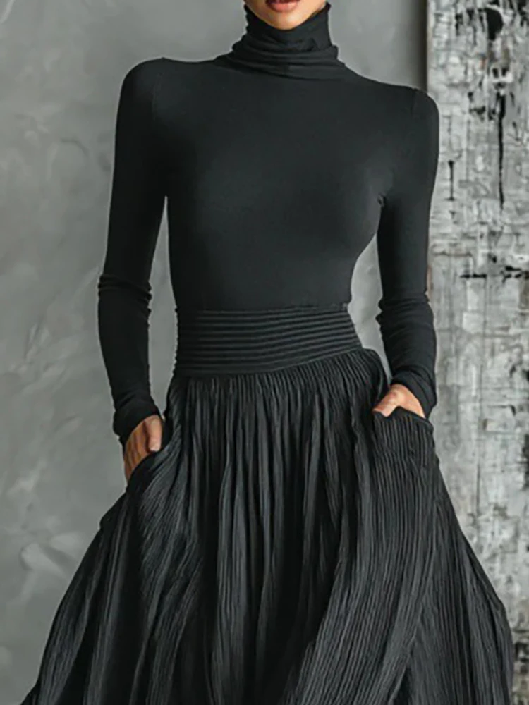 

Макси-юбки, водолазка, рубашка, топ, комплекты из двух предметов, женские осенние тонкие шикарные наряды с длинными рукавами, однотонные лоскутные модные женские костюмы