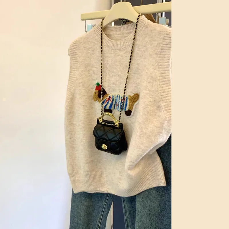 

Корейский вязаный жилет с героями мультфильмов, женский осенне-зимний новый нежный ветровой утягивающий многослойный топ без бирки, круглый свитер