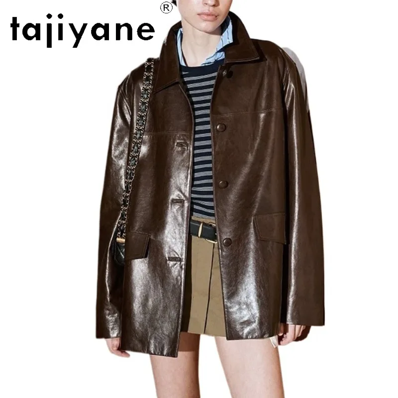 TAJIYANE Oil Wax Sheepskin Genuine Leather Jacket Women Vintage Outerwear Oversized Trench Coat Lapel Jackets chic Jaqueta 2026