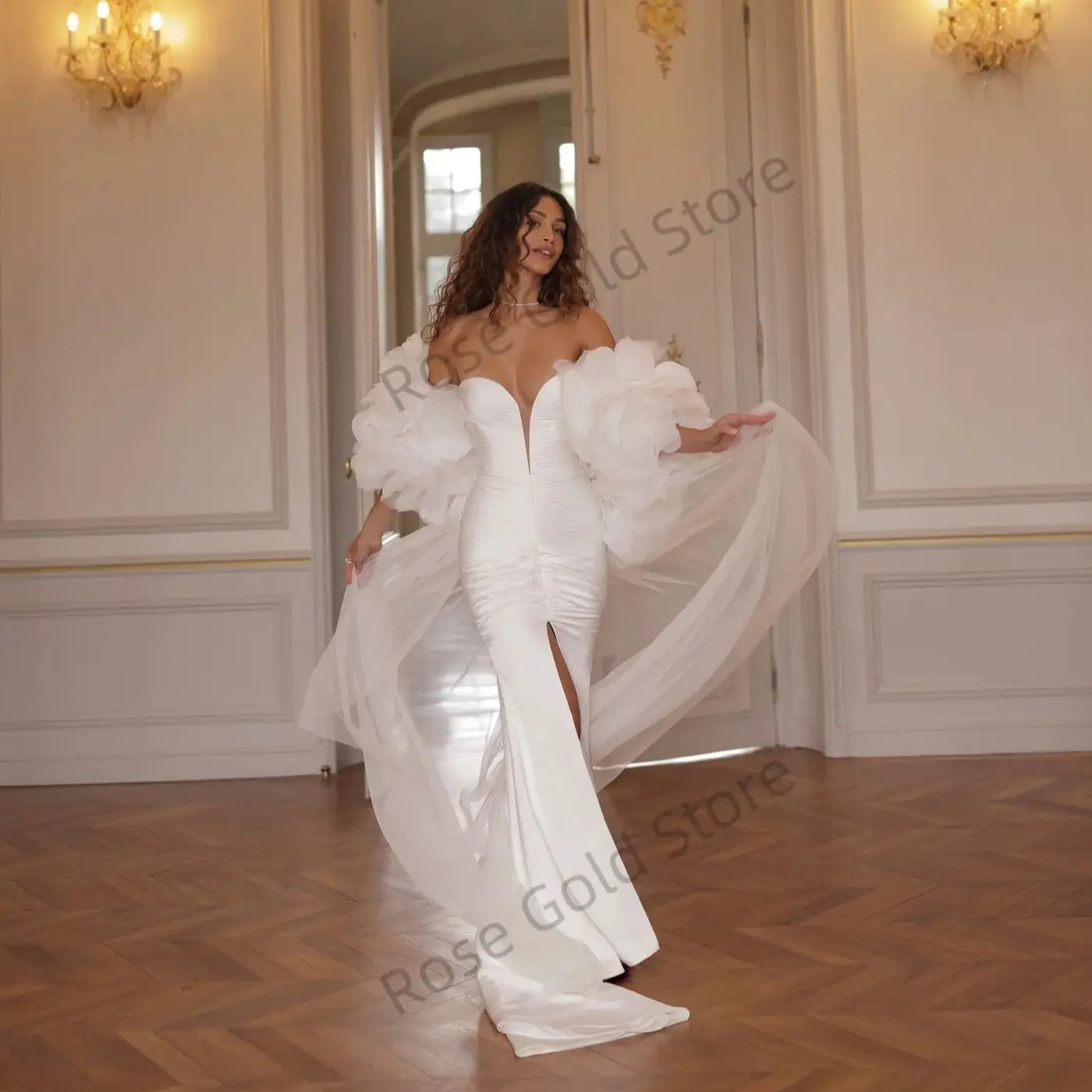 Urocze Białe Suknie Ślubne z Dekoltem w Serek, Falbankami na Rękawach, Syrenie Suknie Wieczorowe dla Kobiet, Szyte na Miarę Suknie Ślubne z Wysokim Rozcięciem