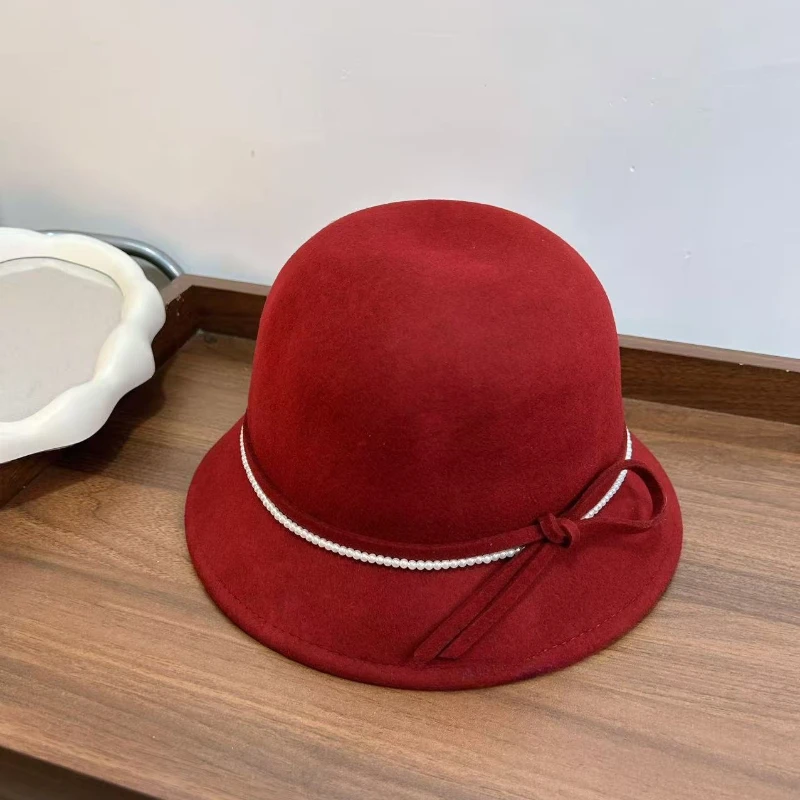 Hepburn-Stil Winter Damen Vintage Französisch Einfach Weiß Rot Fischer Wollhut Schleife Elegante Mütze Party Hochzeit Kirche Derby Filz – Detail 37