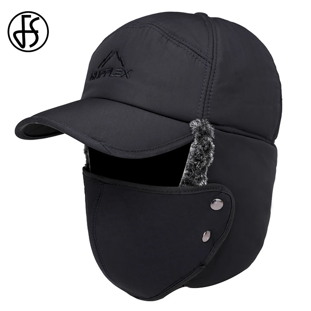 FS Plus плюшевая зимняя бейсболка для мужчин, теплая женская шапка-ушанка, черная, серая, ветрозащитная шапка-бомбер с маской Gorras Hombre 2025