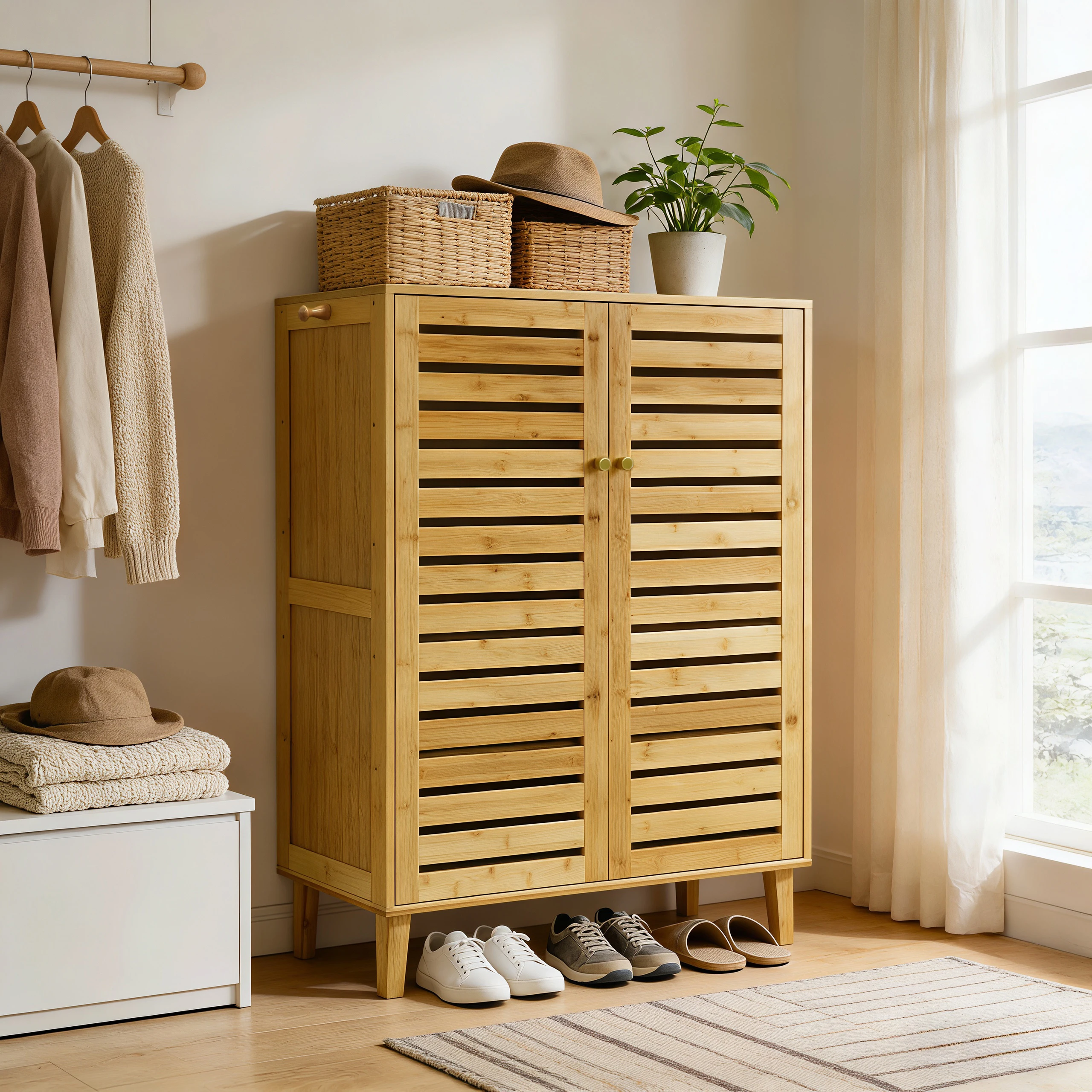 Bamboo Shoe Storage Cabinet with Slatted Doors, 5-Tier Wooden Shoe Organizer Cupboard for Entryway Hallway, Freestanding Large Shoe Rack with Side Hooks & Magnetic Closure