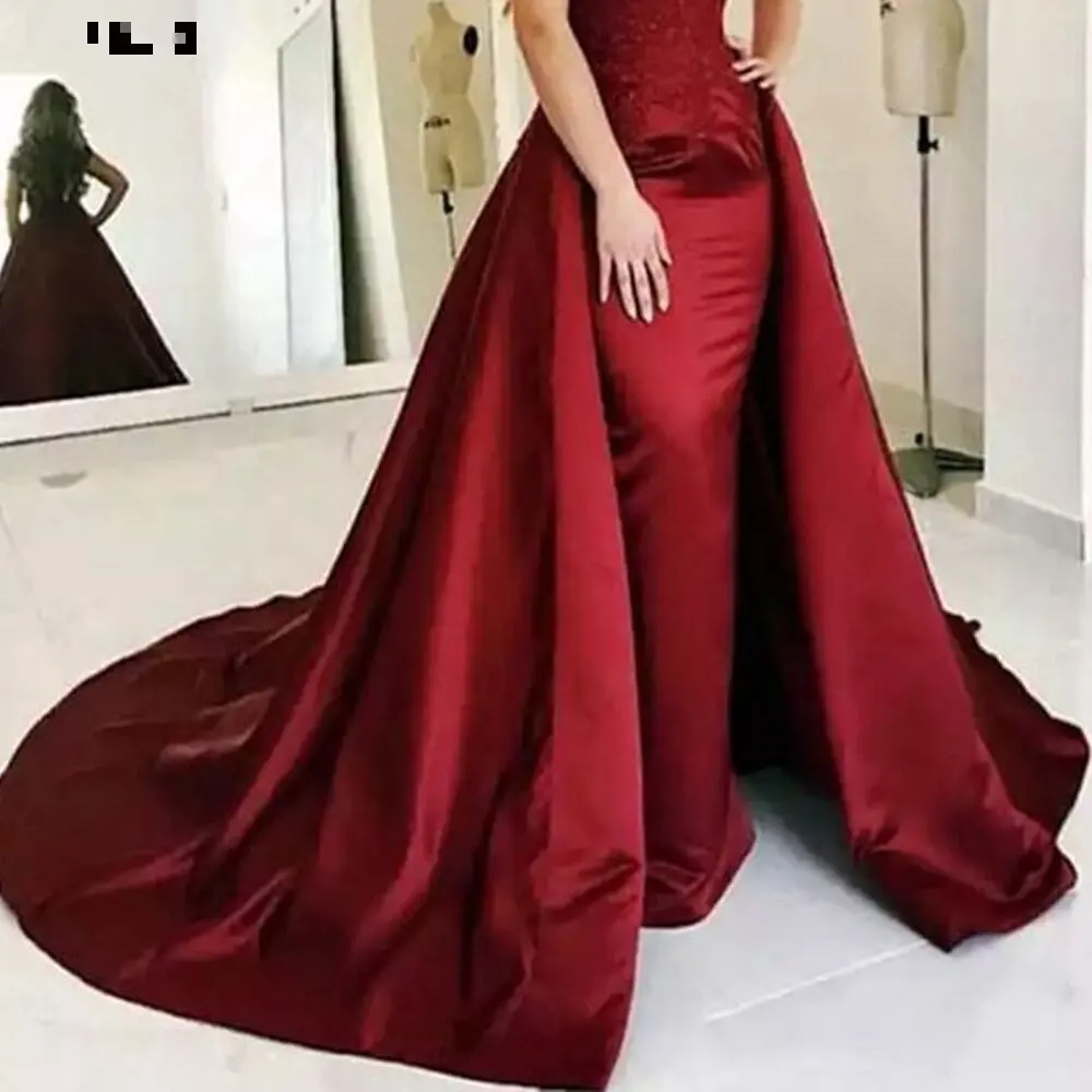 Real Image Burgundy Satin Detachable Wedding Skirt Removable Train For Dresses Bridal Overskirt Custom Made Long Train Petticoat