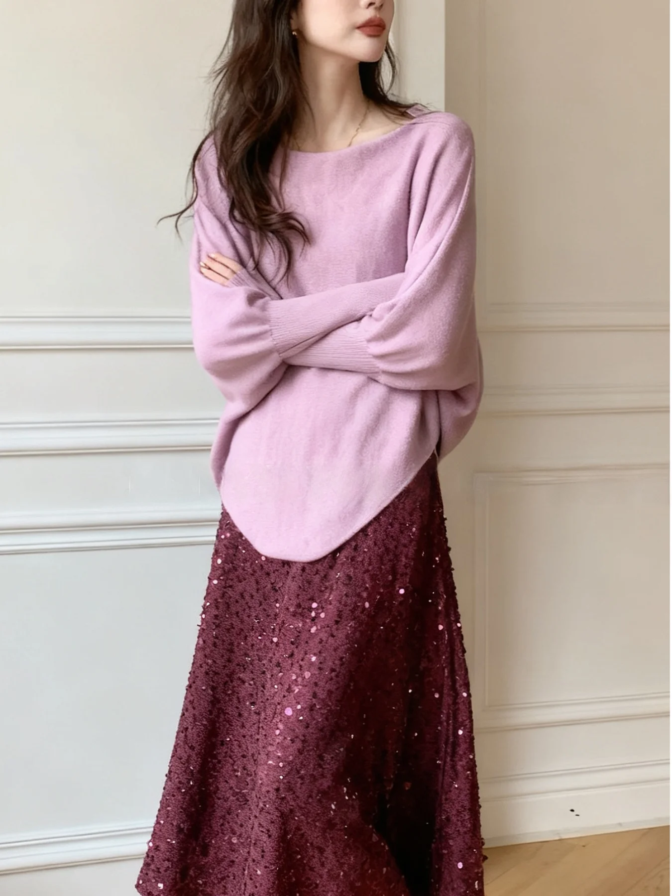 

Новый зимний фиолетовый асимметричный свитер с надписью «летучая мышь» Lazy Sle, удобный длинный женский трикотаж из полиэстера све