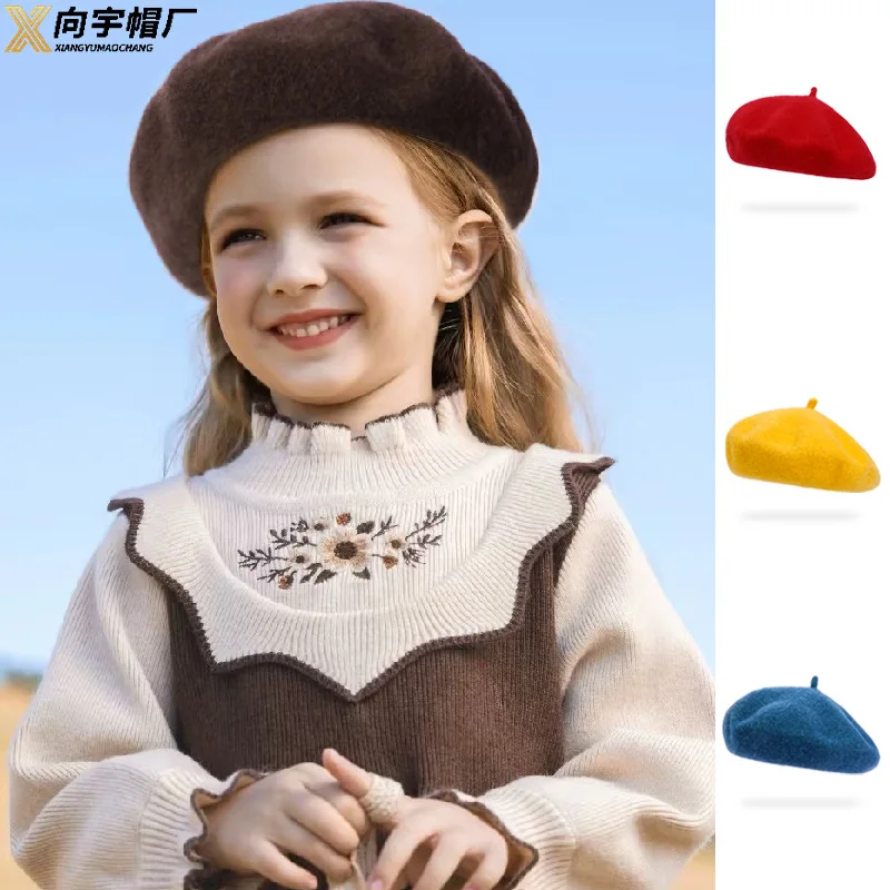 

Children's Cute Wool Beret 3-5Y Versatile Baby Kids Hat for Girls Boys Autumn and Winter Warm Cold-proof High-end Painter's Cap